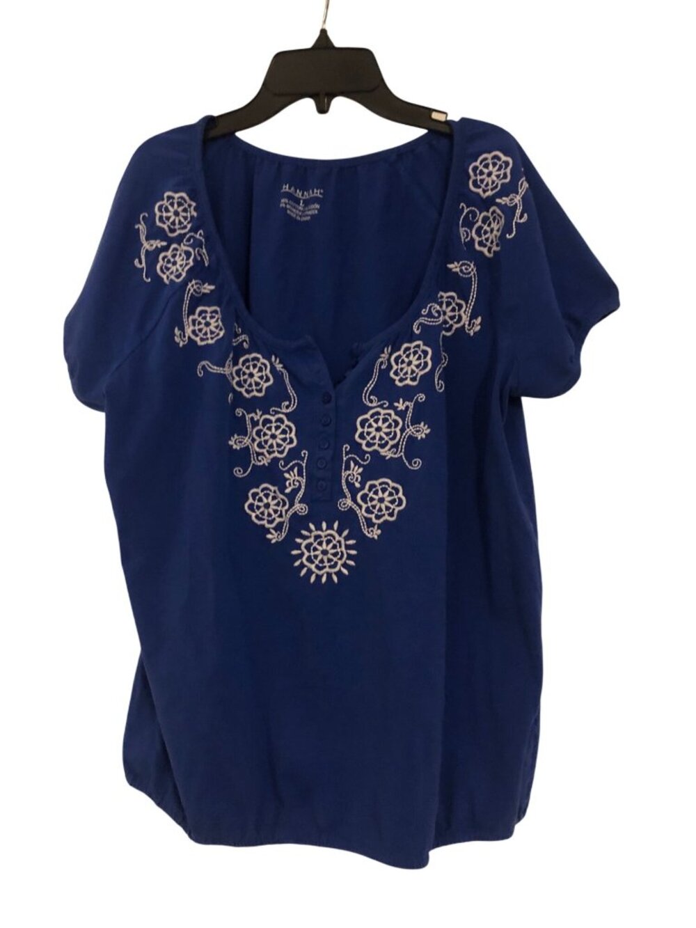 Hannah Navy Blue Baby Style Short Sleeve Tee w/ White Floral Accents Size Large